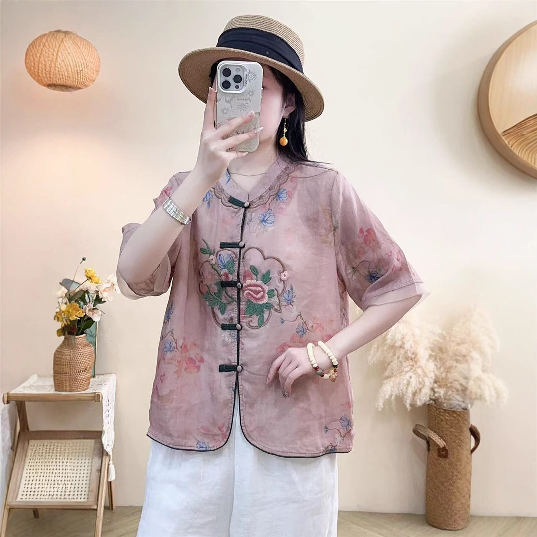 园园美衣新款立领拼接复古盘扣宽松中式文艺休闲苎麻印花刺绣衬衣