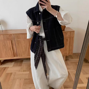 园园美衣款牛仔马甲女开衫无袖学院风韩版马夹慵懒风坎肩宽松外穿