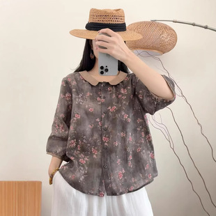 园园美衣新款苎麻小衫文艺宽松百搭显瘦薄款印花开衫翻领衬衫8011