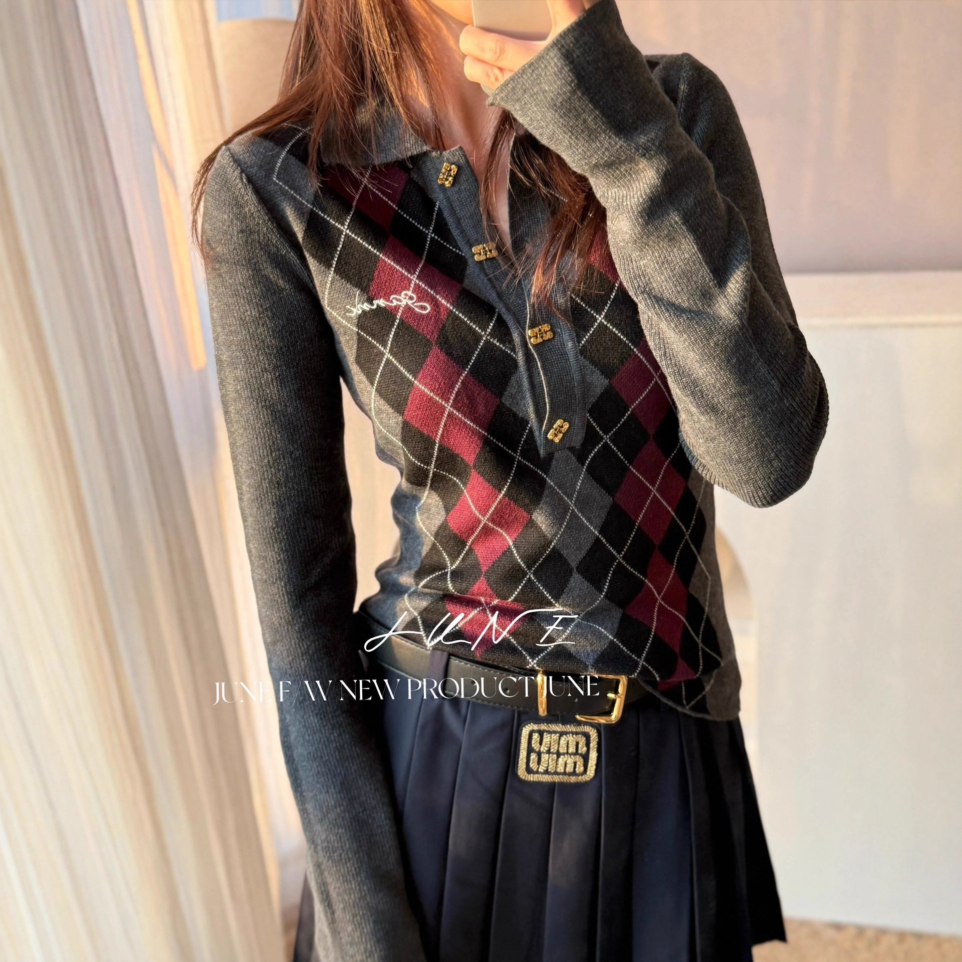 园园美衣2025早秋装学院风菱格羊