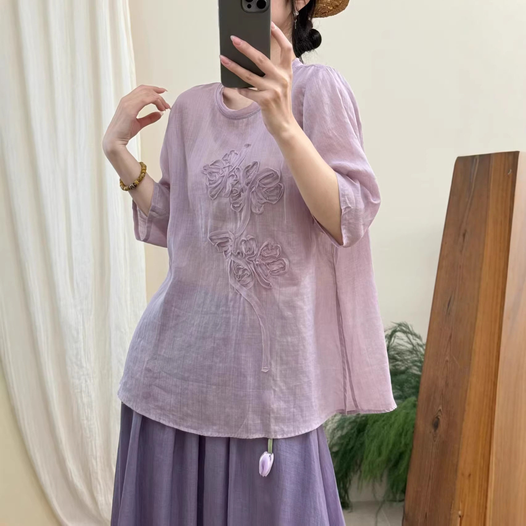特价园园美衣新款中长款苎麻衬衫宽松五分袖上衣薄款套头透气女装