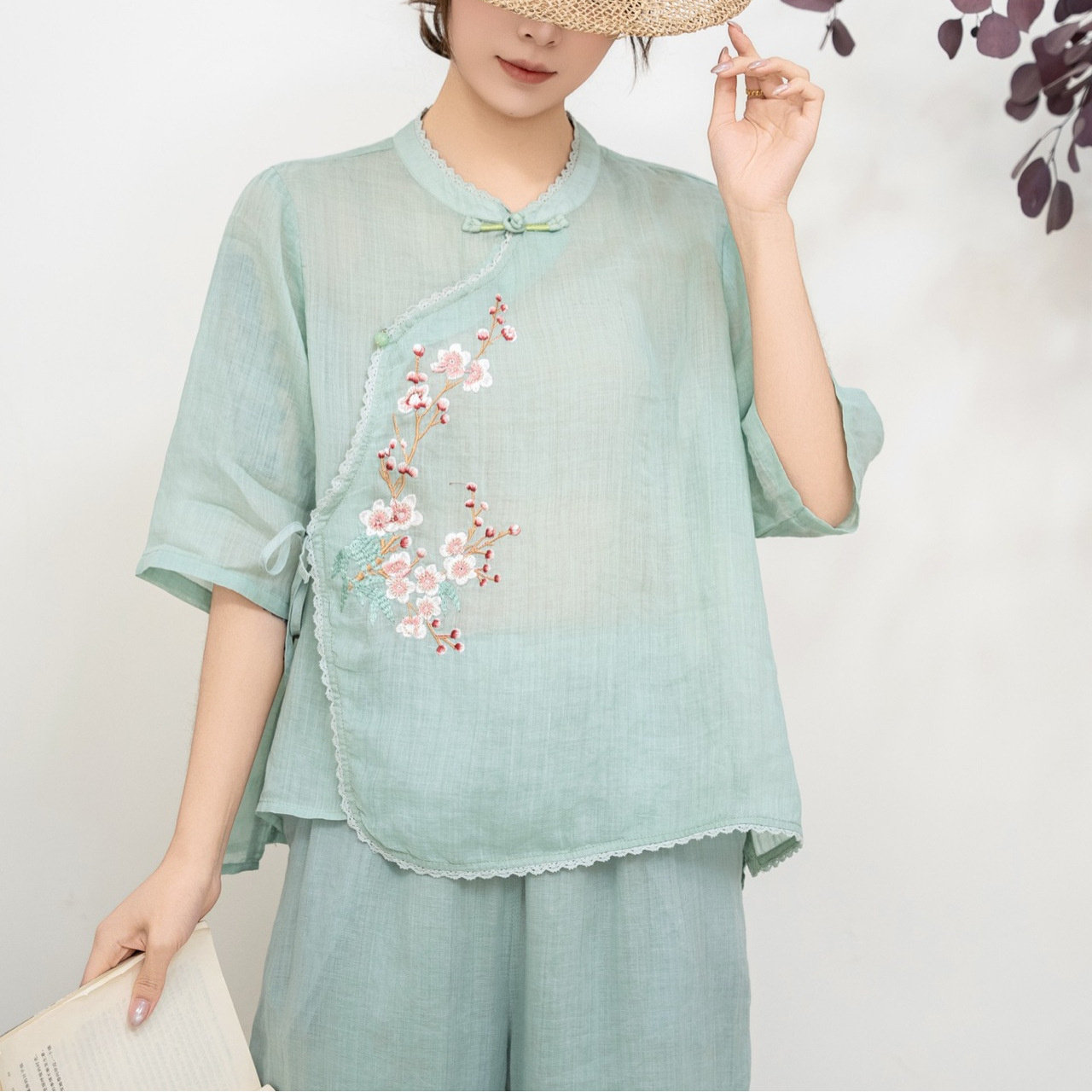 园园美衣6夏季苎麻文艺宽松上衣纯色刺绣五分袖女士T恤新中式衬衫