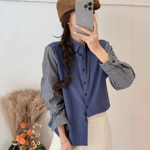 园园美衣衬衫长袖女条纹拼接宽松休闲学院风衬衣上衣亲肤新款衬衣