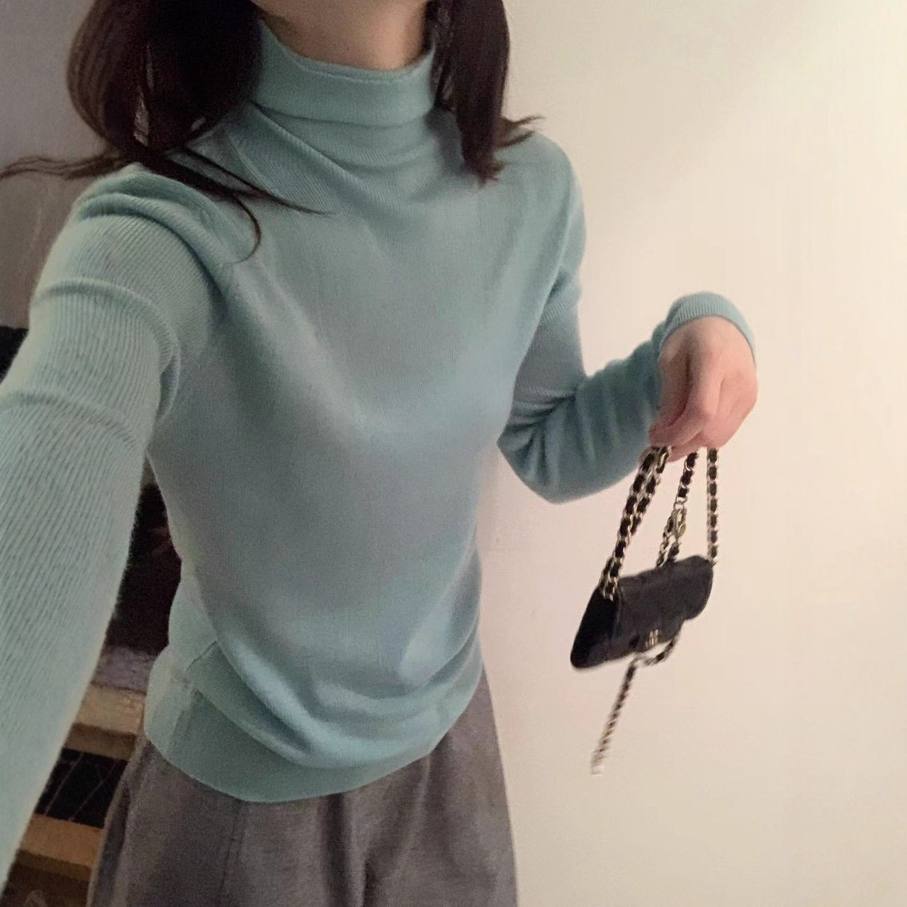 园园美衣堆堆领六羊毛百搭修身打底针织衫女秋冬新款内搭纯色上衣