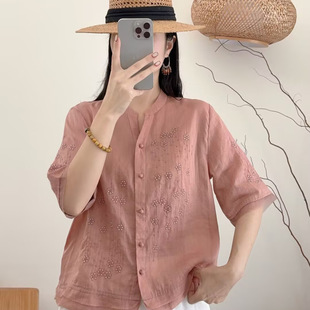 园园美衣复古新中式刺绣苎麻衬衫女衬衣开衫上衣外搭8010