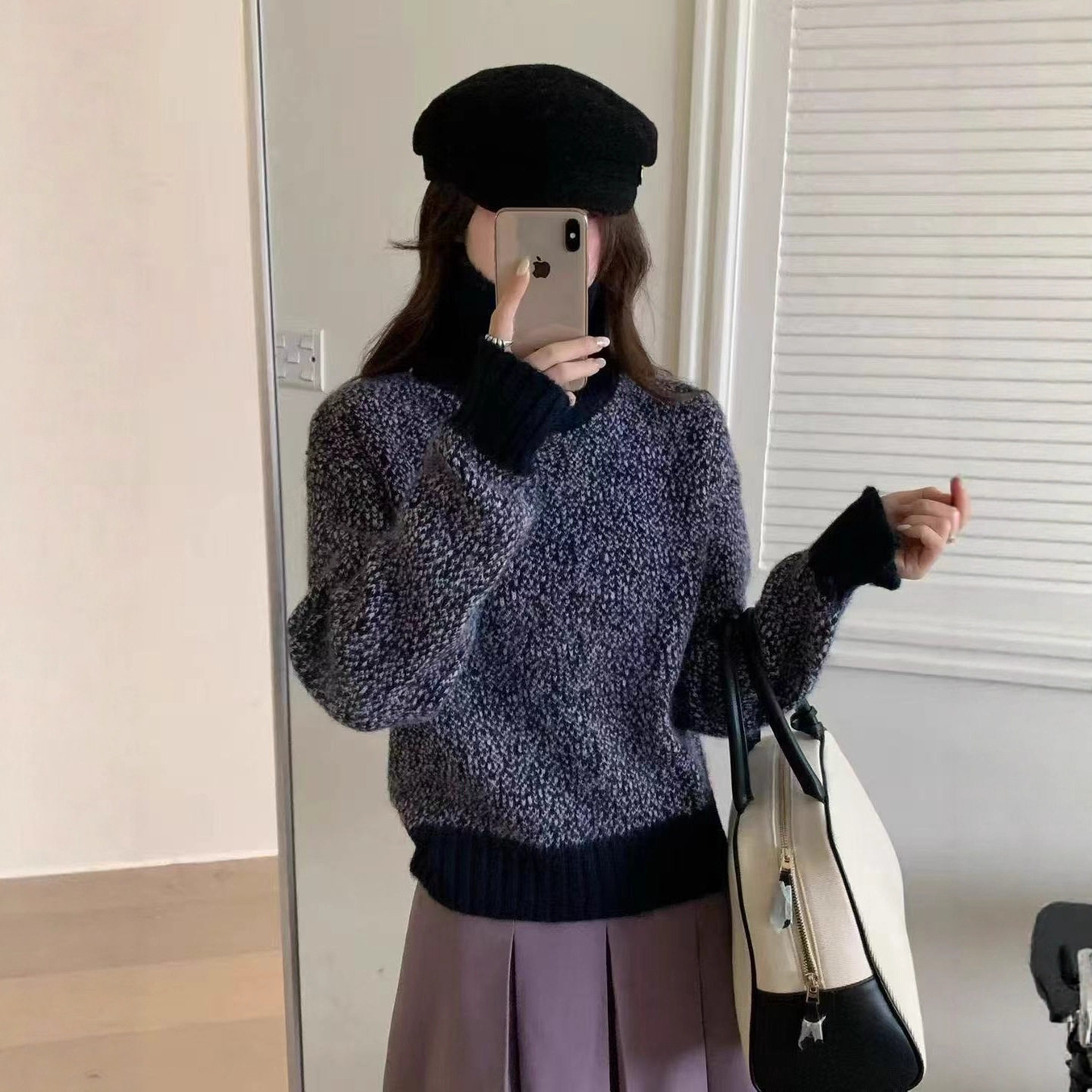 园园美衣秋冬混色短款半开扣立领套头毛衣女小个子百搭显瘦针织衫