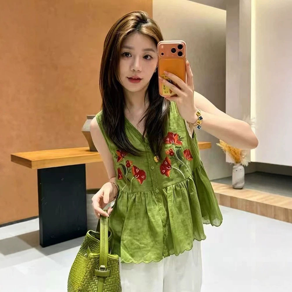 园园美衣季新款新中式国风女装重工刺绣衬衣复古无袖气质背心上衣