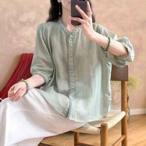 园园美衣季新款简约苎麻衬衫女文艺复古宽松立领花边显瘦开衫上衣