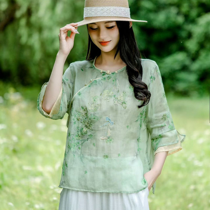 园园美衣麻2026夏季新款新中式刺绣衬衫上衣苎麻女士轻薄小衫国风图片