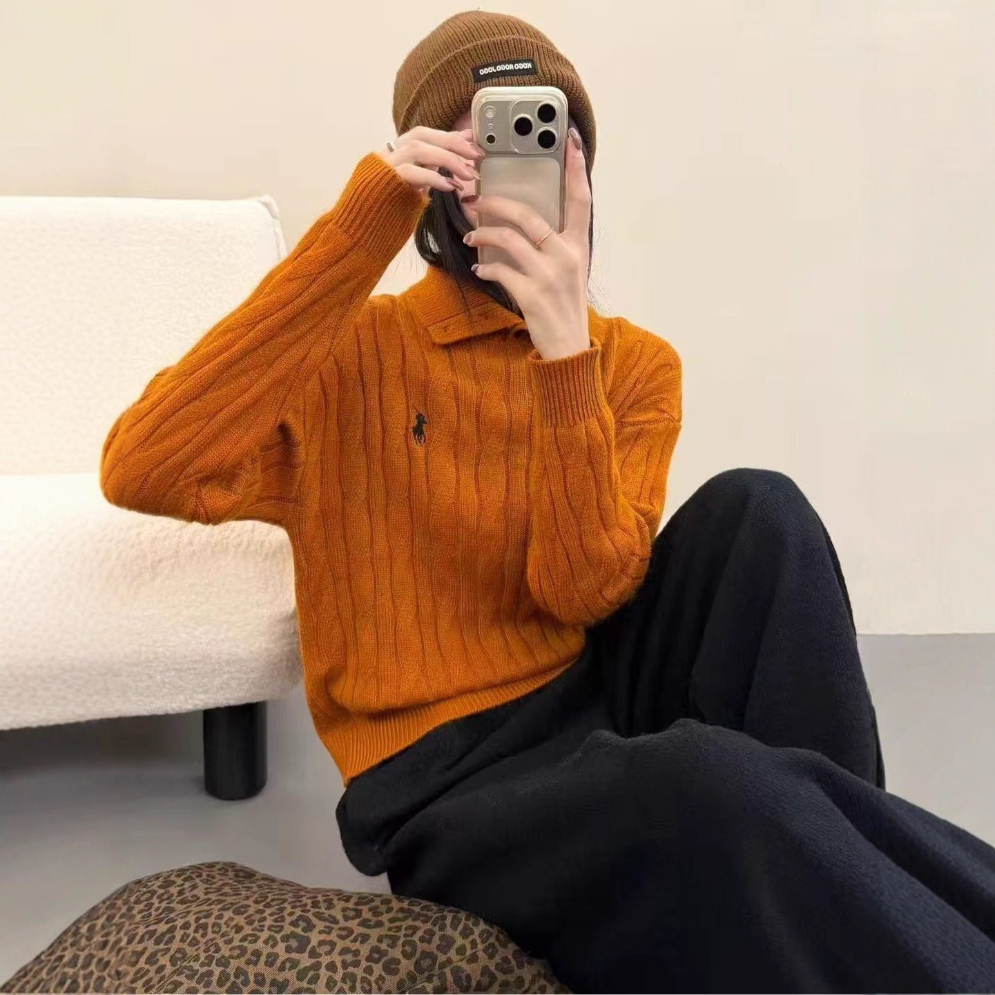 园园美衣冬毛衣女复古麻花毛衣新款软糯慵懒风高领针织衫刺袖小马