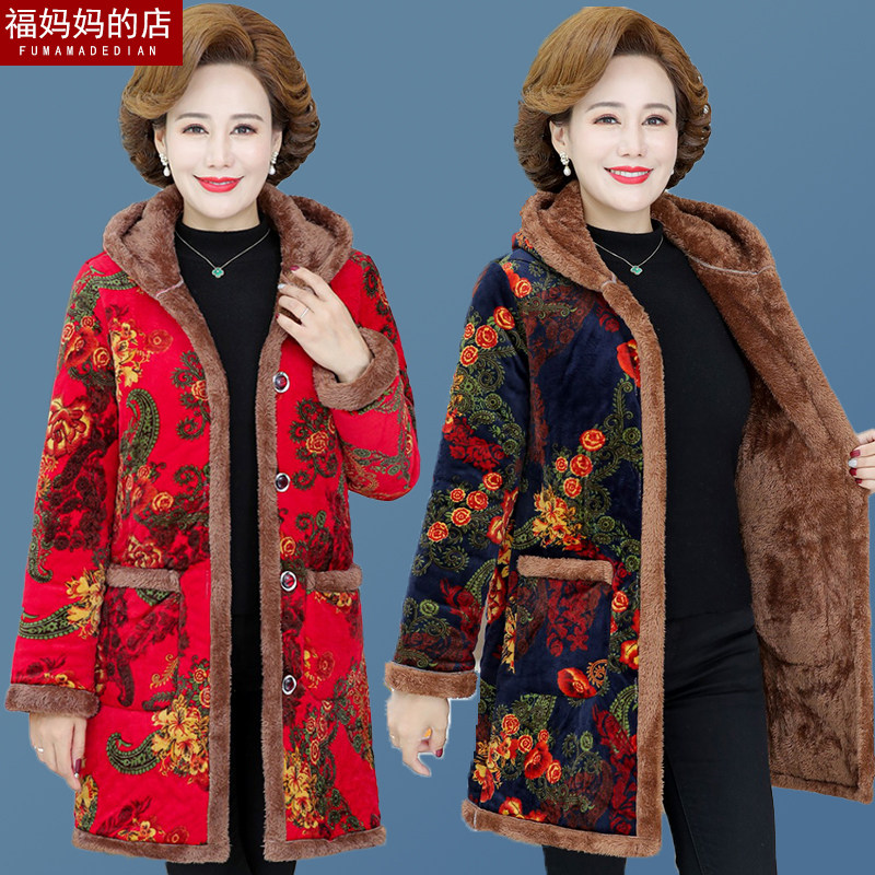 2023新款中老年人棉衣女中长款加绒加厚妈妈装冬装金丝绒棉服外套