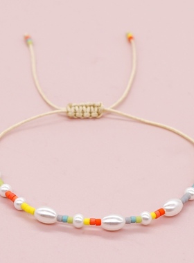 22春夏新品彩虹miyuki米珠仿珍珠串珠手串可调节个性叠戴小手链女