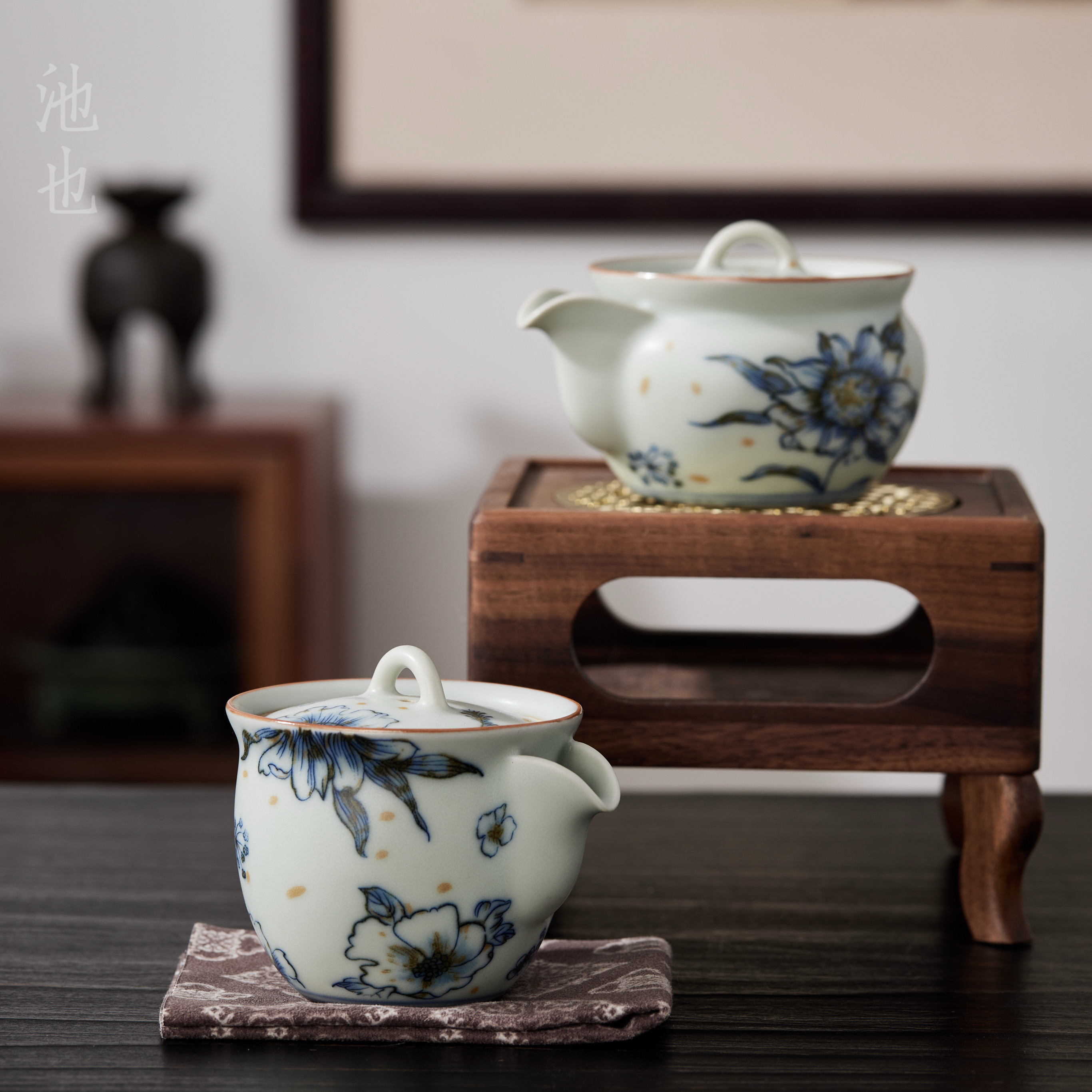 池也釉下彩青花复古手抓壶防烫手盖碗大号泡茶碗带过滤功夫茶具