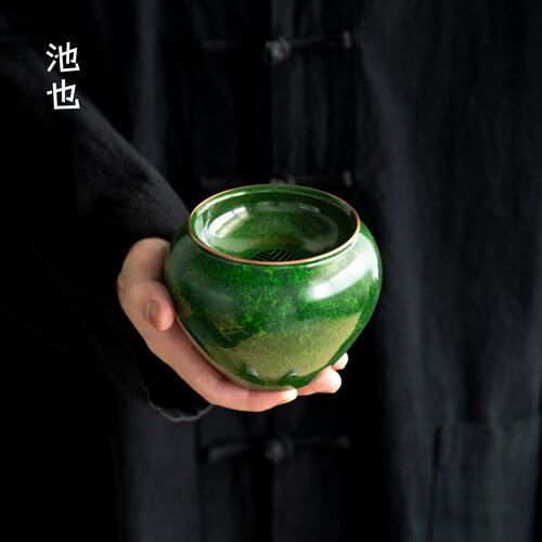池也绿色建水茶渣缸带过滤高端黄铜废水缸水盂家用桌面茶具配件