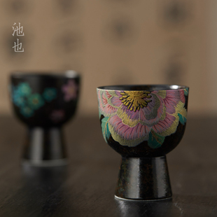 池也洞上造物高足主人杯缂丝工艺手绘牡丹花新中式精致品茗杯茶具