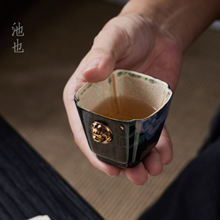 池也缂丝牡丹陶瓷精致品茗主人杯中式高档茶盏四方杯洞上造物茶具