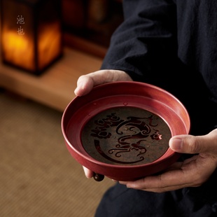 池也龙腾紫铜三足储水式壶承干泡台高颜值复古养壶茶托盘纯铜茶盘