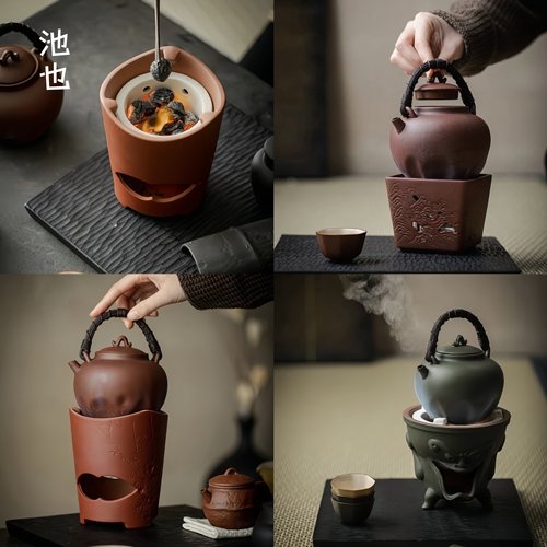 池也清仓特价日式粉引侘寂风茶具粗陶红朱漆碳炉煮茶酒精炉提梁壶