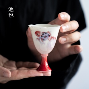 池也白瓷兰寿鱼高足主人杯陶瓷手绘盖碗茶杯女士个人专用杯品茗杯