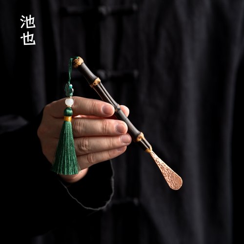 池也复古紫竹茶拨中式紫铜拨茶器家用茶扒六君子配件取茶器茶匙