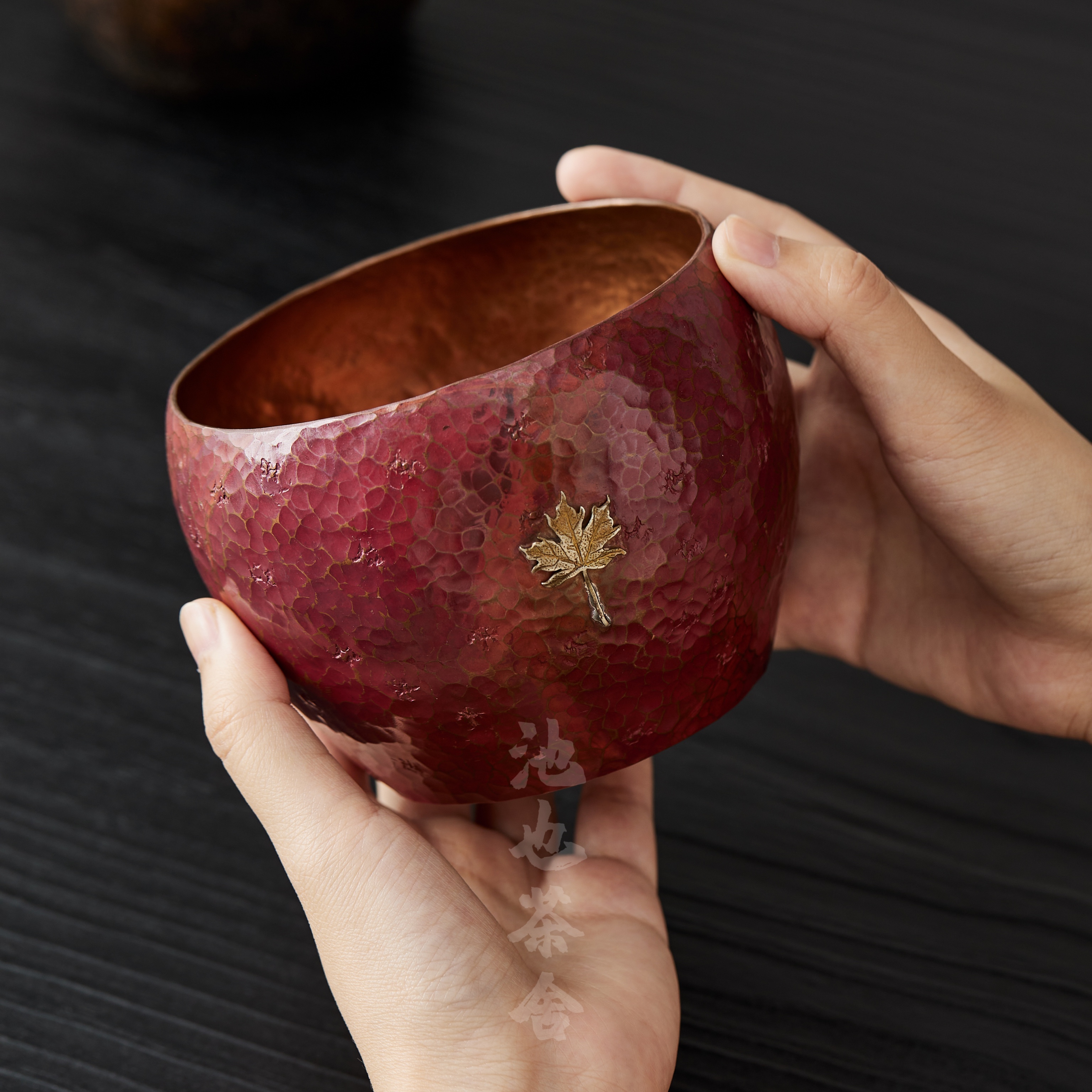 池也纯铜茶洗大号家用水盂水洗手工紫铜枫叶建水茶碗茶渣缸大容量