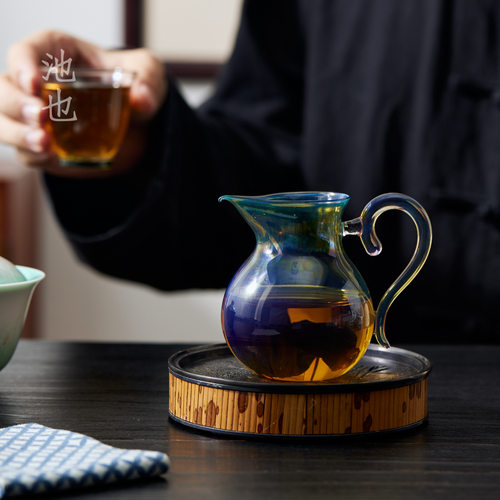 池也手工吹制熏银公道杯耐热高硼硅玻璃家用带把茶海匀杯分茶器