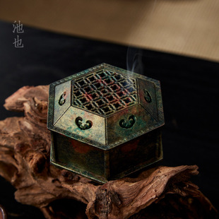 池也复古做旧错金六角如意香炉香薰炉香篆炉盘香炉禅意家用摆件