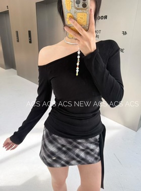 ACS 2025秋季新款设计感斜肩飘带褶皱收腰显瘦辣妹上衣9191