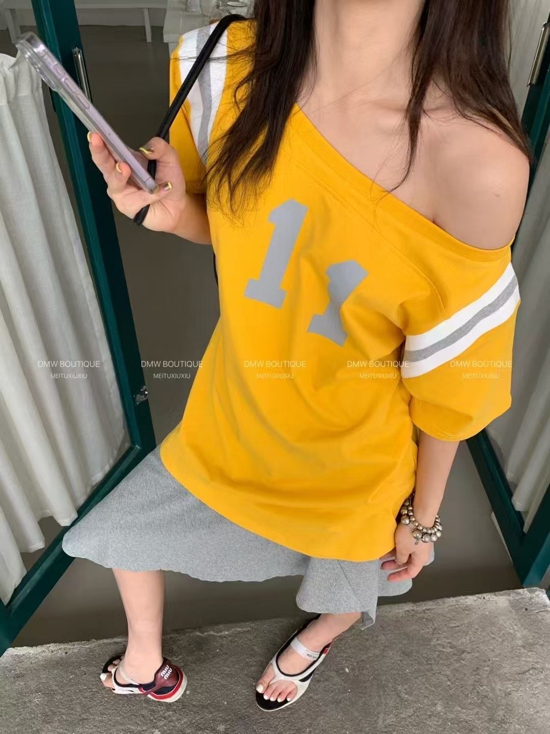 DMW2025夏季韩版宽松显瘦百搭圆领重磅一字肩斜肩T恤女上衣潮M13#