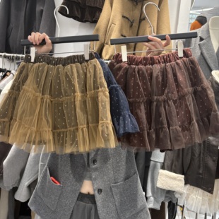 波点呢料拼接网纱半身裙辣妹木耳边加厚A字半裙6068 2025秋新款