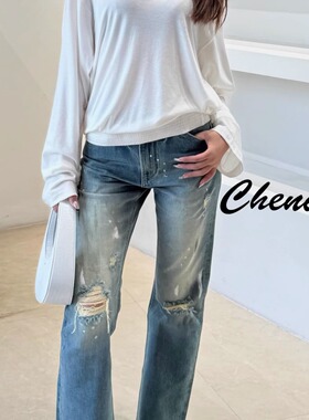 Liegee | 作旧脏破洞毛边直筒牛仔裤
