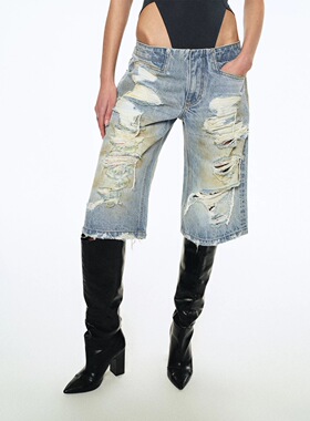 Liegee ｜ 磨破Dirtyfit水洗脏染设计不规则破洞工艺牛仔五分裤