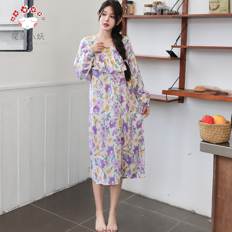 春秋女妈妈舒适时尚防漏不凸点棉绸夏睡衣荷叶边长袖连衣绵绸睡裙