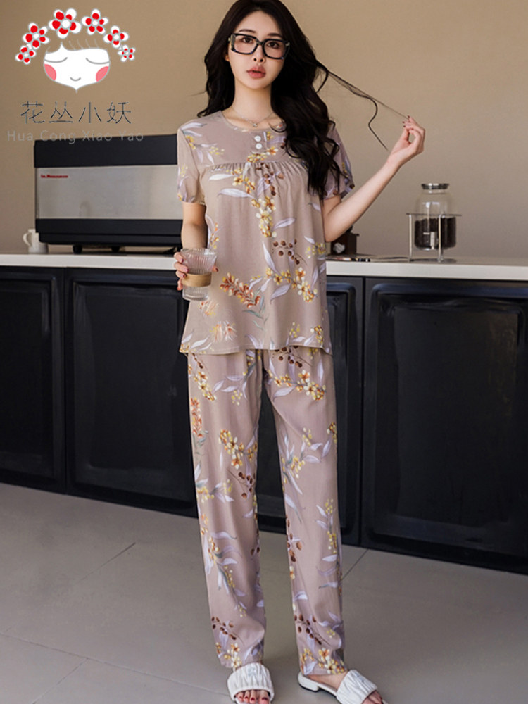 夏季棉丝女式睡衣宽松套装花棉丝圆领短袖裤人造棉冰丝薄家居服