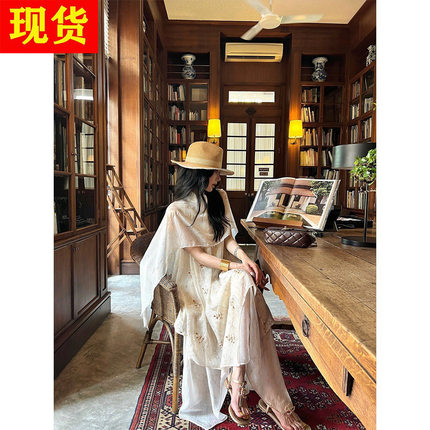 现货  欧阳清花坊'像呼吸一样简单的美!层叠不规则薄纱刺绣连衣裙