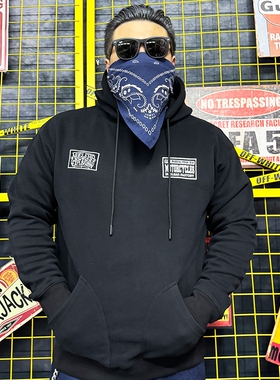 核爆炸哈雷机车骑士徽章花体字印花黑色春秋冬季休闲连帽男士卫衣