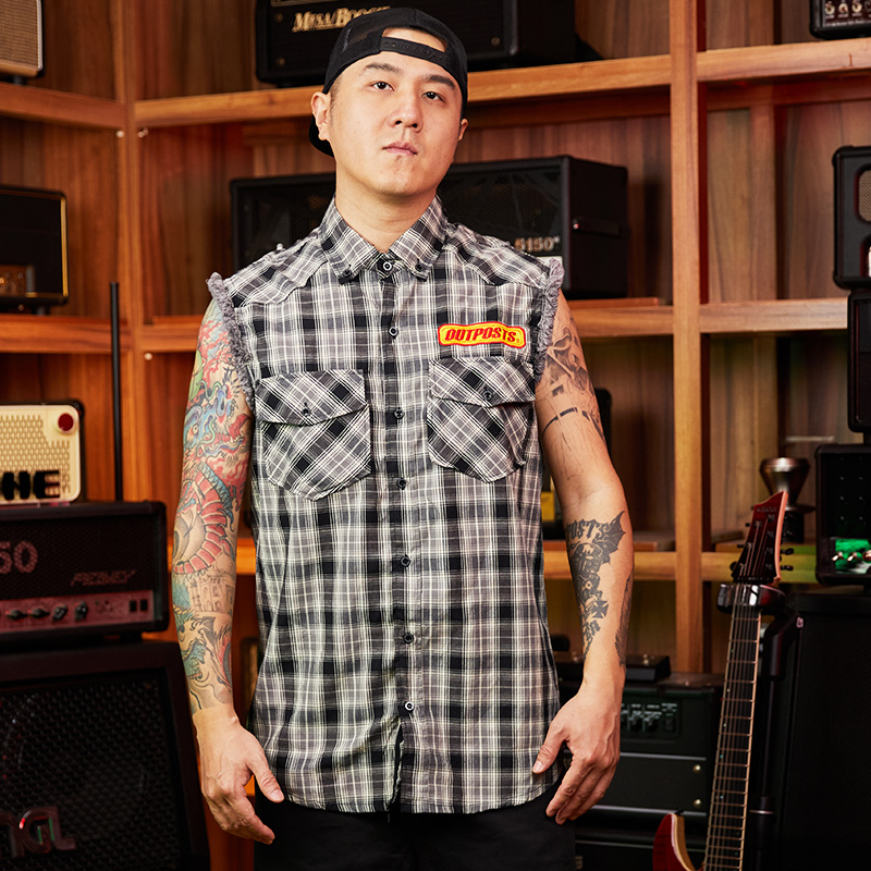 核爆炸机车硬汉无袖工装格子衬衫