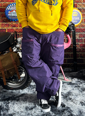 核爆炸美式街头嘻哈多袋男女潮牌紫色宽松直筒机能户外休闲长裤子