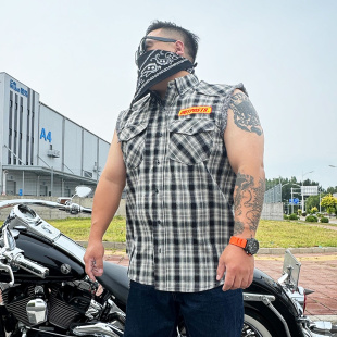 核爆炸机车硬汉狂野毛边经典黑白格子宽松大码工装衬衣无袖衬衫男