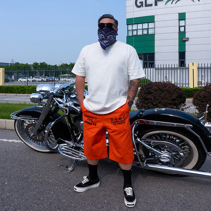 核爆炸潮牌二代橘色美式囚服匪帮纯棉休闲宽松大码男工装七分短裤