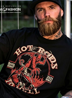 DW魔鬼威士忌硬汉潮牌hotrods大魔鬼印花250g黑色纯棉大码短袖T恤