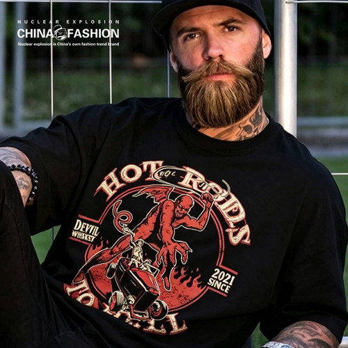 DW魔鬼威士忌硬汉潮牌hotrods大魔鬼印花250g黑色纯棉大码短袖T恤