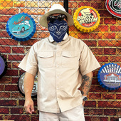 核爆炸西海岸花体字阿美咔叽墨西哥米色纯棉工装 衬衫 衬衣男士 短袖