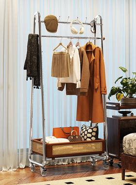 中古藤编衣帽架卧室落地挂衣架房间复古晾衣架移动拐角挂衣杆法式