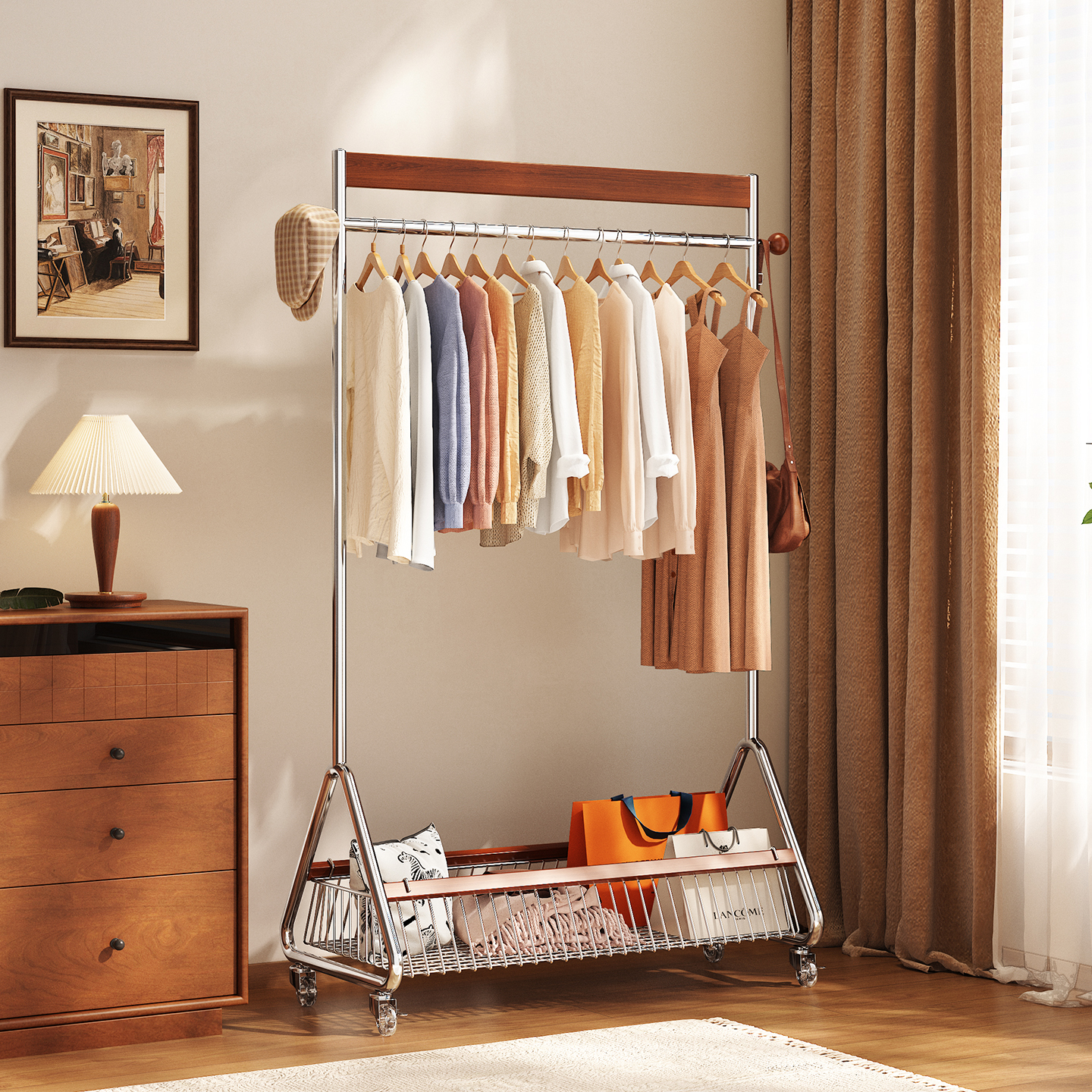 房间晾衣架落地卧室挂衣架家用可移动衣服置物架室内衣帽架子