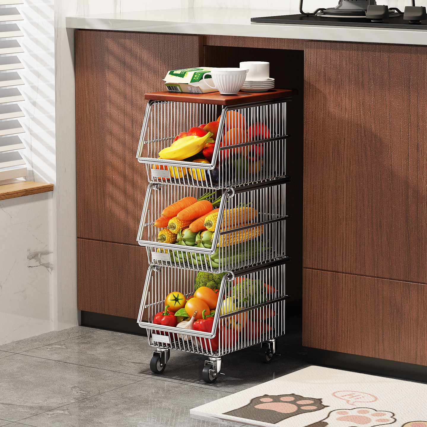 橱柜下小推车置物架304不锈钢果蔬收纳筐落地多层厨房台下菜篮子,厨房/烹饪用具,厨房置物架/置物柜/角架,淘宝优惠券,粉丝福利购,淘宝优惠卷
