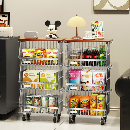 中古风零食置物架小推车客厅多层零食架子可移动厨房菜篮子收纳筐