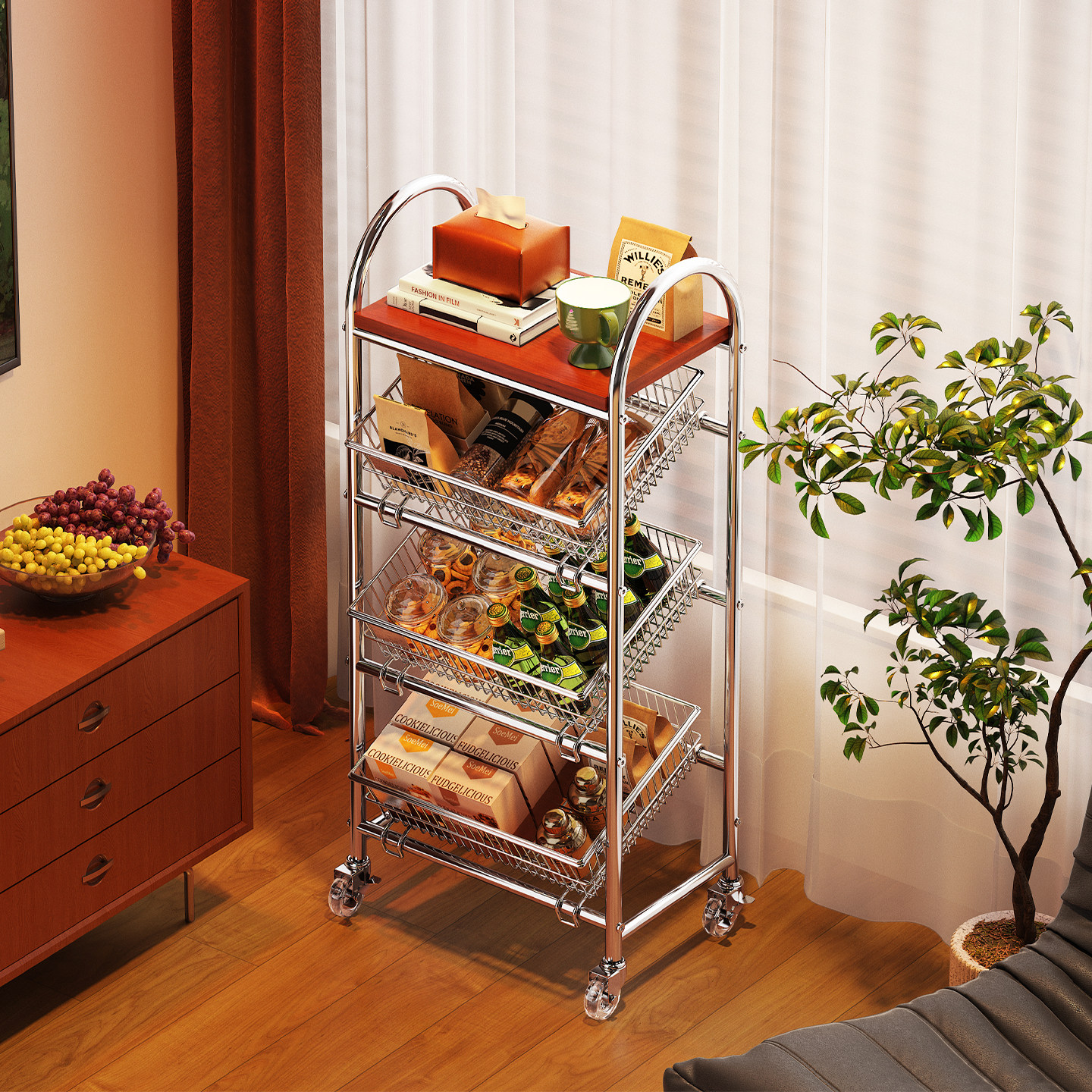 中古风零食置物架小推车客厅家用可移动沙发边几水果饮料收纳架子,收纳整理,收纳筐,淘宝优惠券,粉丝福利购,淘宝优惠卷