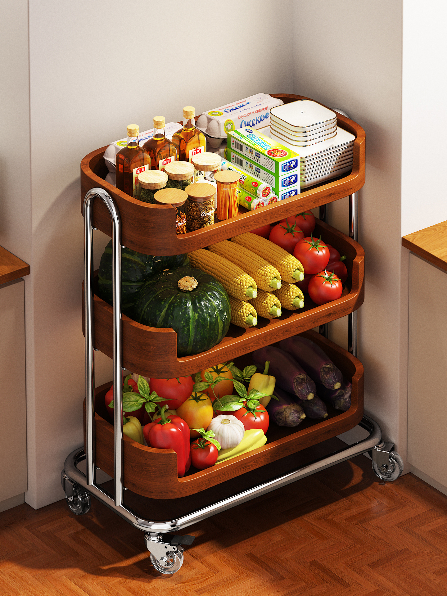 高颜值厨房果蔬置物架大容量菜篮子家用可移动水果蔬菜收纳小推车