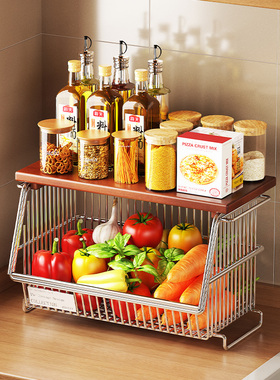 厨房桌面墙角置物架多层蔬菜水果收纳篮多功能调料收纳实木增高架